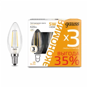 ЭЛМАКС - Лампа Gauss Filament Свеча E14 5W 420lm 2700К 1/20 (3 лампы в упаковке) элмакс, электротехника, кабель, светотехника, elmax.pro