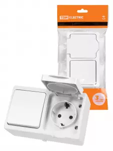 ЭЛМАКС - Блок (горизонтальный) выключатель 1-кл. + розетка 2П+З с з/ш БКВР IP54 белый "Вуокса" TDM элмакс, электротехника, кабель, светотехника, elmax.pro