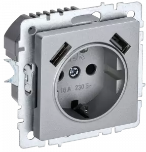 ЭЛМАКС - BRITE Роз. с з/к/ш 16А с USB A+A 2,1А РЮш10-1-БрА алюм. IEK элмакс, электротехника, кабель, светотехника, elmax.pro