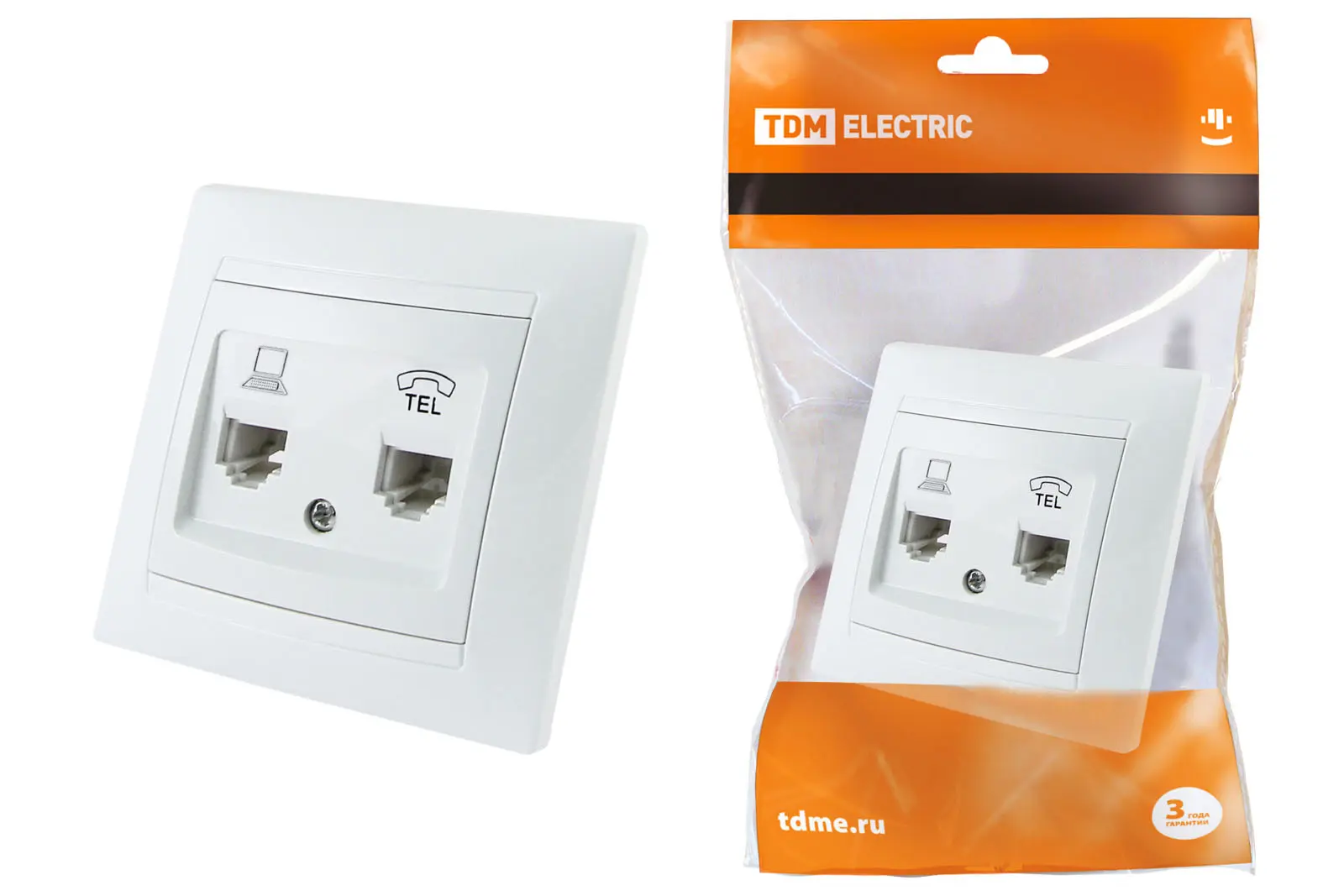 ЭЛМАКС - Розетка телефонная RJ11 + компьютерная RJ45 белая "Лама" TDM элмакс, электротехника, кабель, светотехника, elmax.pro