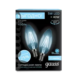 ЭЛМАКС - Лампа Gauss Filament Свеча E14 5W 4100К 2/100 (2 лампы в упаковке) элмакс, электротехника, кабель, светотехника, elmax.pro
