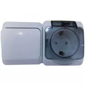 ЭЛМАКС - Блок ОП ( Выкл-ль 1 кл.+Роз-ка з/к, з/шт) серый IP44 ЭТЮД (7) (BPA16-241C) элмакс, электротехника, кабель, светотехника, elmax.pro