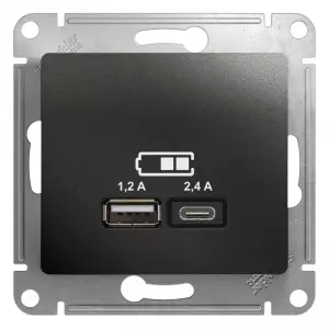 GLOSSA USB РОЗЕТКА А+С, 5В/2,4А, 2х5В/1,2 А, механизм, АНТРАЦИТ GLOSSA USB РОЗЕТКА А+С, 5В/2,4А, 2х5В/1,2 А, механизм, АНТРАЦИТ