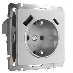 ЭЛМАКС - W1171765/ Розетка с заземлением, шторками и USB тип A+C (серебряный матовый) элмакс, электротехника, кабель, светотехника, elmax.pro