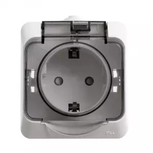 ЭЛМАКС - Розетка 1гн. ОП з/к со шторками белый IP44 ЭТЮД (12/96) (PA16-044B) элмакс, электротехника, кабель, светотехника, elmax.pro