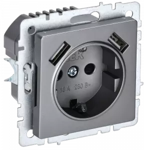 ЭЛМАКС - BRITE Роз. с з/к/ш 16А с USB A+A 3,1А РЮш10-2-БрС сталь IEK элмакс, электротехника, кабель, светотехника, elmax.pro