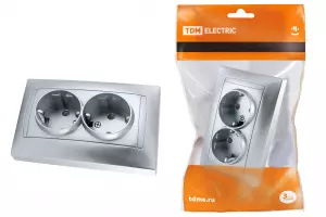 ЭЛМАКС - Розетка двойная 2П+З 16А 250В с защ. шт. серебр. металлик "Лама" TDM элмакс, электротехника, кабель, светотехника, elmax.pro