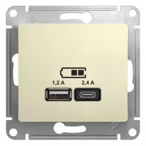 GLOSSA USB РОЗЕТКА А+С, 5В/2,4А, 2х5В/1,2 А, механизм, БЕЖЕВЫЙ GLOSSA USB РОЗЕТКА А+С, 5В/2,4А, 2х5В/1,2 А, механизм, БЕЖЕВЫЙ