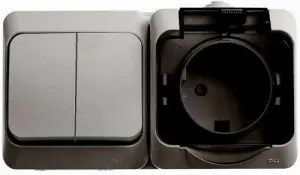 ЭЛМАКС - Блок ОП ( Выкл-ль 2 кл.+Роз-ка з/к, з/шт) серый IP44 ЭТЮД (7) (BPA16-242C) элмакс, электротехника, кабель, светотехника, elmax.pro