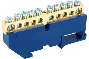 ЭЛМАКС - Шина «N» нулевая с синим изолятором на DIN-рейку 8х12 мм стойка бол. 10 групп REXANT элмакс, электротехника, кабель, светотехника, elmax.pro