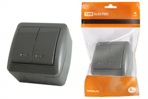 ЭЛМАКС - Выключатель 2-кл. открытой установки с подсветкой IP44 10А серый "Селигер" TDM элмакс, электротехника, кабель, светотехника, elmax.pro