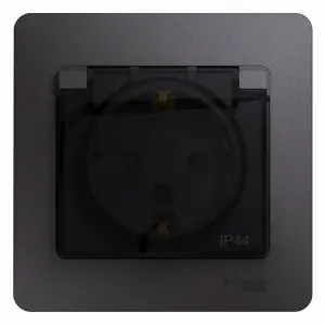 ЭЛМАКС - GLOSSA РОЗЕТКА с зазем. со шторками с крышкой,IP44,16А, 250В, в сборе,ГРАФИТ элмакс, электротехника, кабель, светотехника, elmax.pro