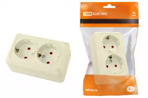 ЭЛМАКС - Розетка двойная 2П+З открытой установки с з/ш IP20 16А, слоновая кость "Ладога" TDM элмакс, электротехника, кабель, светотехника, elmax.pro