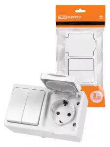 ЭЛМАКС - Блок (горизонтальный) выключатель 2-кл. + розетка 2П+З с з/ш БКВР IP54 белый "Вуокса" TDM элмакс, электротехника, кабель, светотехника, elmax.pro