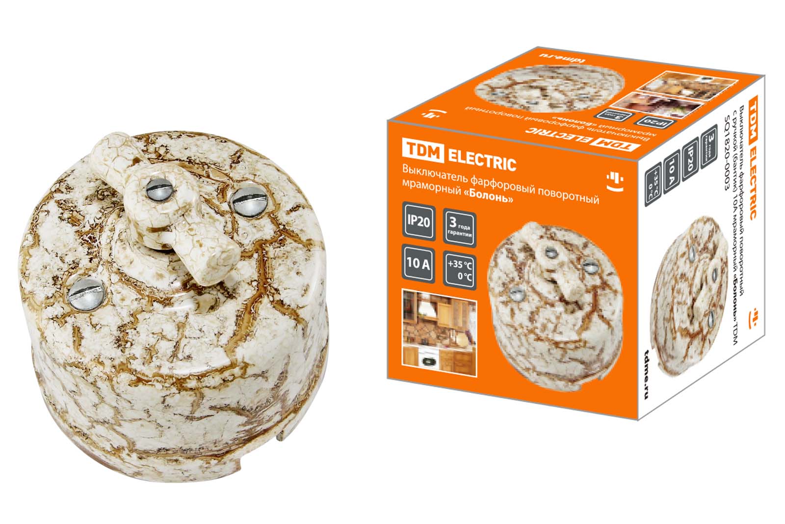 ЭЛМАКС - Выключатель фарфоровый поворотный с ручкой (бантик) 10А мраморный «Болонь» TDM элмакс, электротехника, кабель, светотехника, elmax.pro
