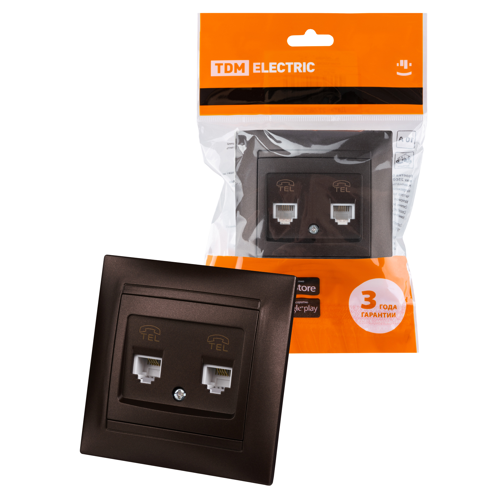 ЭЛМАКС - Розетка двойная телефонная RJ11 шоколад "Лама" TDM элмакс, электротехника, кабель, светотехника, elmax.pro