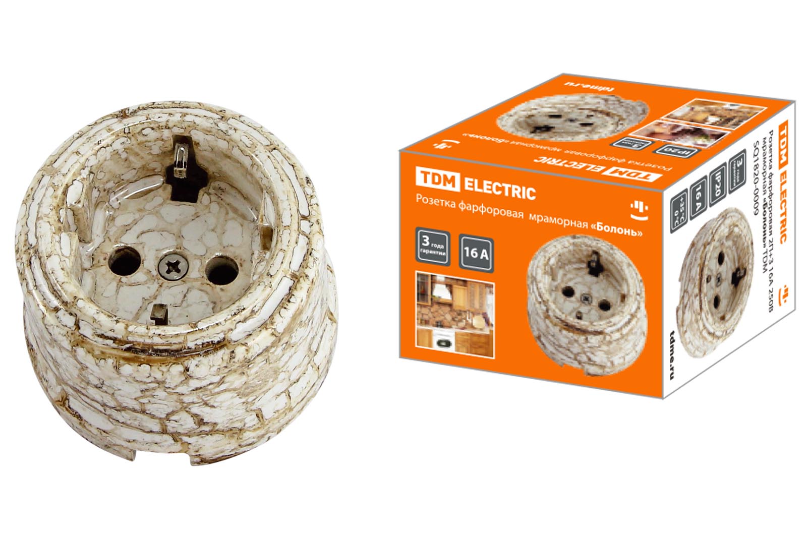ЭЛМАКС - Розетка фарфоровая 2П+З 16А 250В мраморная «Болонь» TDM элмакс, электротехника, кабель, светотехника, elmax.pro