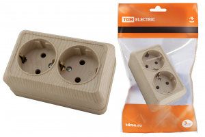 ЭЛМАКС - Розетка двойная 2П+3 открытой установки IP20 16А, сосна "Ладога" TDM элмакс, электротехника, кабель, светотехника, elmax.pro