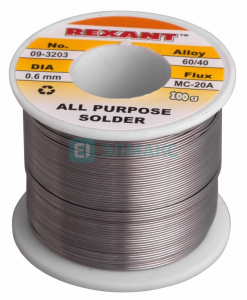 ЭЛМАКС - Припой с канифолью 100 гр. d=1.0 мм (Sn60 Pb40 Flux 2.2%) REXANT элмакс, электротехника, кабель, светотехника, elmax.pro